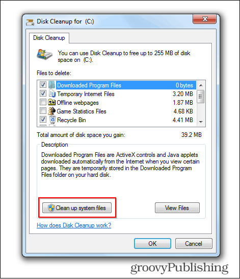 Windows 7 atjaunināšana izdzēst vecos failus diska tīrīšanas pogu