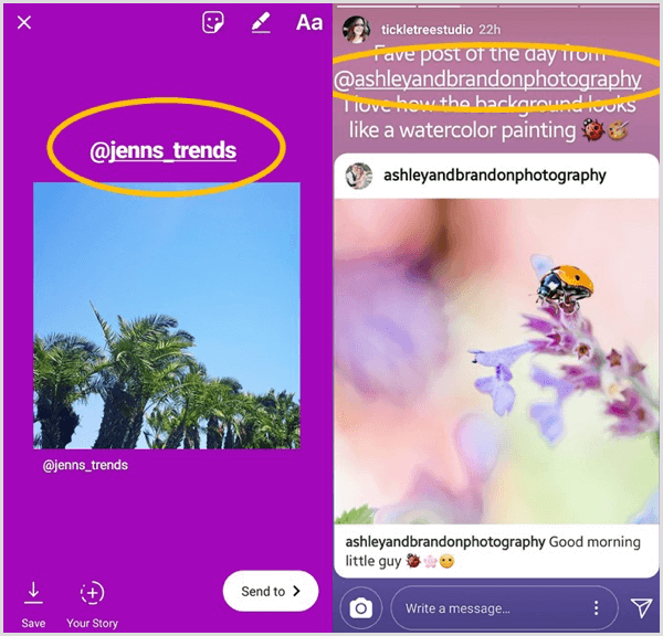 Pievienojiet tekstlodziņu, kurā norādīts sākotnējais lietotājs, un atzīmējiet tos atkārtoti kopīgotajā Instagram ziņā.