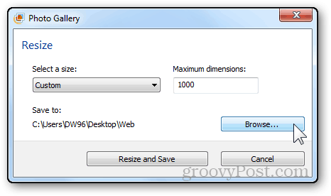 fotoattēli ar izmēru maiņu apmācība Windows Live foto galerija pārlūkošanas pogas direktorija atrodiet eksporta izmēru attēlu eksportu
