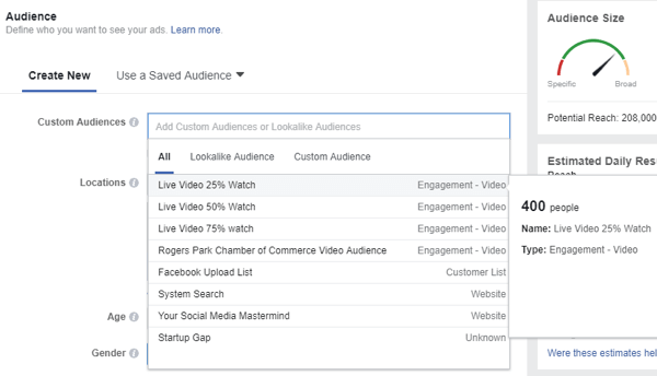 Atlasot auditoriju savai Facebook reklāmai, noteikti atlasiet to cilvēku pielāgoto auditoriju, kuri skatījās jūsu tiešraides videoklipus.