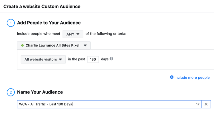 iestatiet Facebook vietnes pielāgoto auditoriju visiem vietnes apmeklētājiem pēdējo 180 dienu laikā