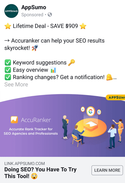 Facebook reklāmas paņēmieni, kas sniedz rezultātus, piemēram, AppSumo piedāvā darījumu