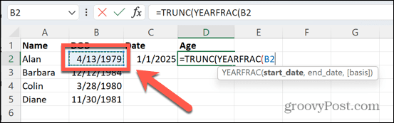 excel dzimšanas datums