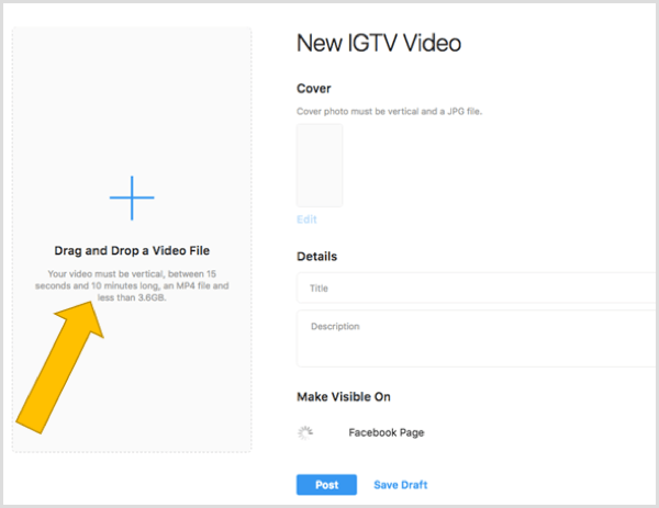 Velciet un nometiet failu, lai augšupielādētu IGTV video darbvirsmā.