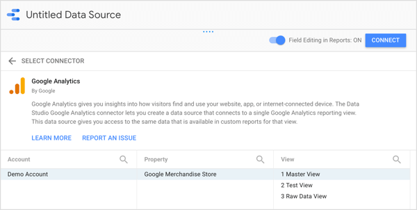 Izvēlieties Google Analytics kontu, īpašumu un skatu, kuru vēlaties izmantot.