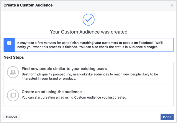 Jūsu pielāgotā mērķauditorija tika izveidota ziņojums, kas tiek parādīts pēc Facebook pielāgotas auditorijas izveides