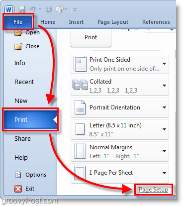 Micosoft Word 2010 Ekrānuzņēmums fonā atlasiet failu> drukas izvēlne un pēc tam noklikšķiniet uz lapas iestatīšana programmā Word 2010