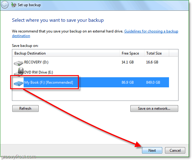 Windows 7 dublējums - atlasiet dublējuma vietu