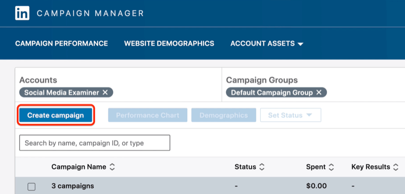 LinkedIn Campaign Manager pogā Izveidot kampaņu
