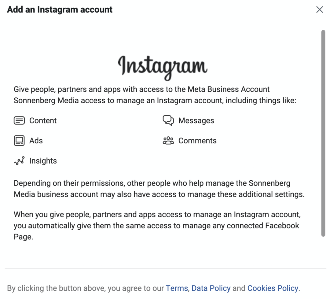 Meta Business Manager ekrāna pievienošanas Instagram konta attēls