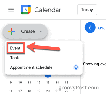 Google kalendāra izveides pasākuma opcijas ekrānuzņēmums