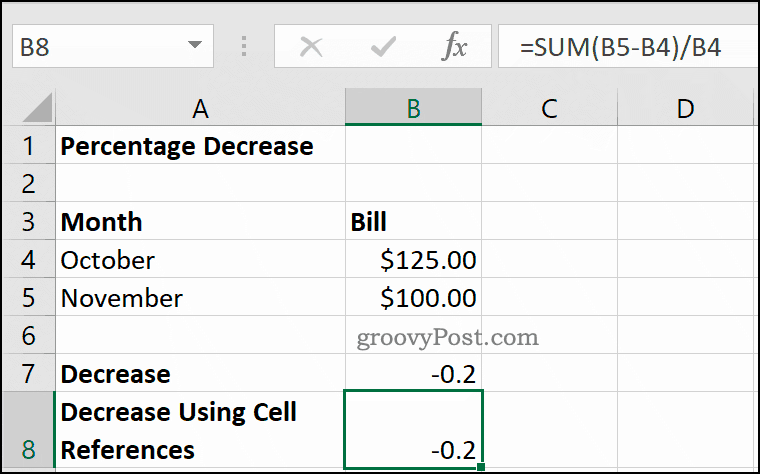 Microsoft Excel procentuālo samazinājumu piemērs
