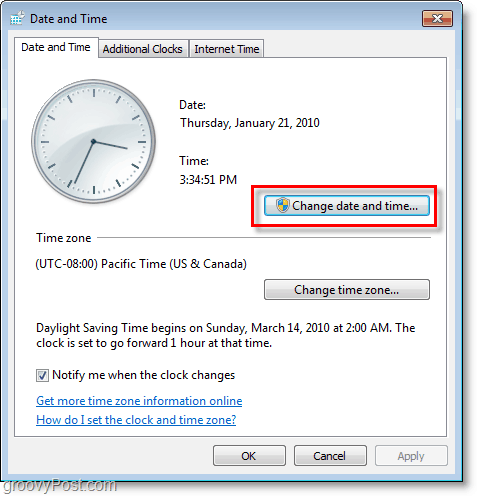Windows 7 ekrānuzņēmums - mainiet datumu un laiku