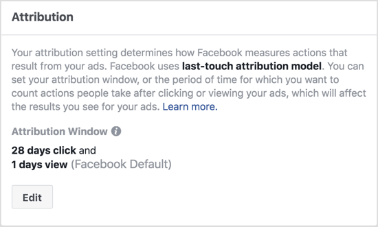 Noklusējuma Facebook attiecinājuma loga iestatījumos tiek rādītas darbības, kas veiktas 1 dienas laikā pēc jūsu reklāmas skatīšanas un 28 dienu laikā pēc noklikšķināšanas uz jūsu reklāmas. 