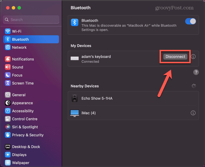 Mac atvienojiet Bluetooth tastatūru