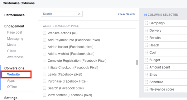 Pievienojiet standarta notikumu darbības savam Facebook Ads Manager pārskatu veidam.