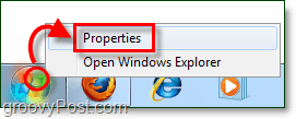 kā atvērt izvēlnes Sākt rekvizītus Windows 7 