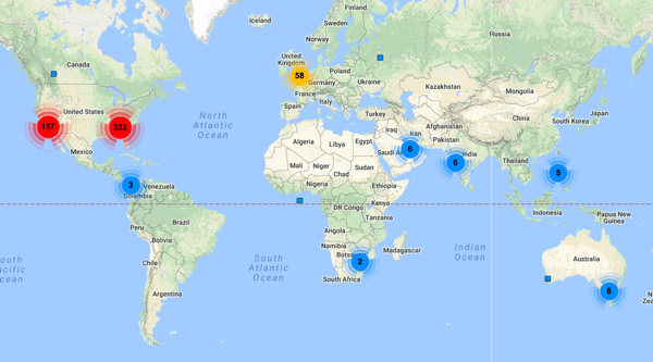 Skatiet šī konta Twitter sekotāju kartētās atrašanās vietas.