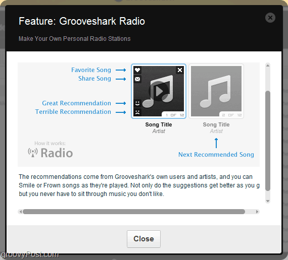 izmantojiet Grooveshark rekomendācijas motoru, izmantojot Grooveshark radio