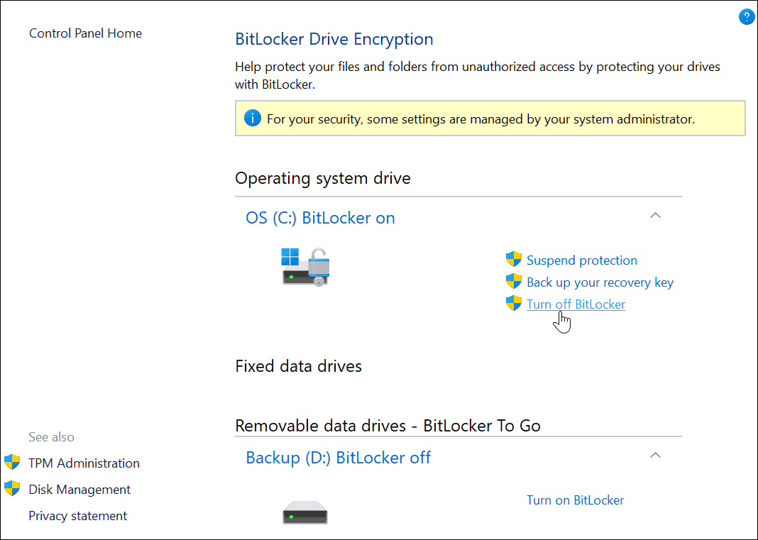 Izslēdziet BitLocker