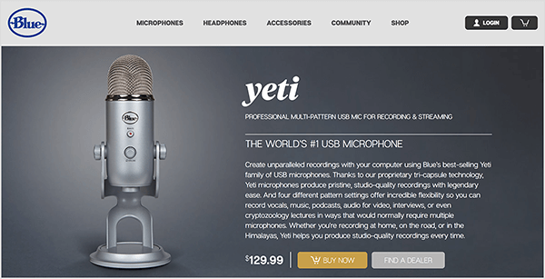 Putekļainais Porteris iesaka jaunināšanu uz tādu USB mikrofonu kā Blue Yeti. Yeti mikrofona pārdošanas lapā Blue uz tumši pelēka fona parādās hroma mikrofona attēls uz statīva. Cena ir norādīta kā USD 129,00.