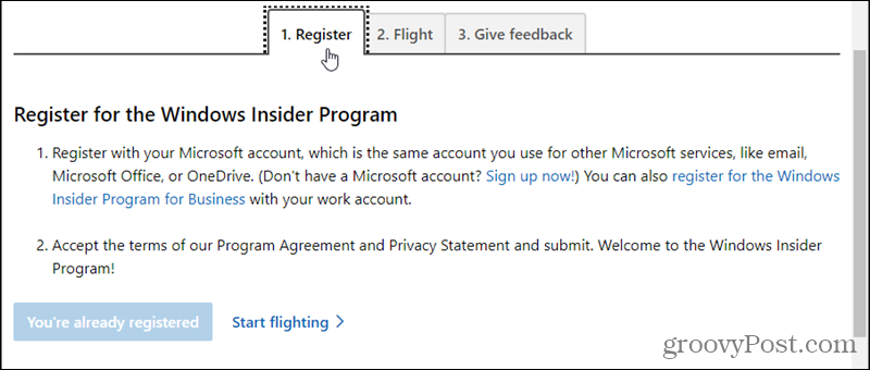 Reģistrējieties programmai Windows Insider