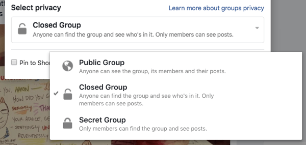 Katra Facebook grupa var būt publiska, slēgta vai slepena.