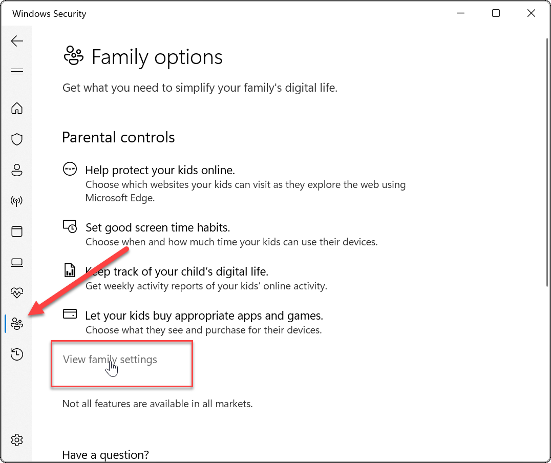 Windows drošības ģimenes opcijas