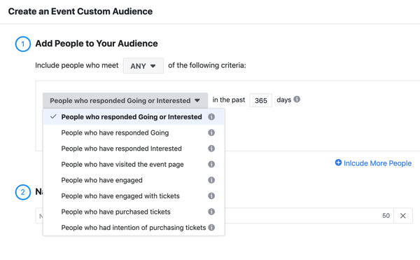Kā reklamēt savu tiešraides notikumu Facebook, 11. solis, izveidojiet pasākuma pielāgotu auditoriju no cilvēkiem, kuri atbildēja, apmeklējot vai interesējoties par jūsu pasākumu