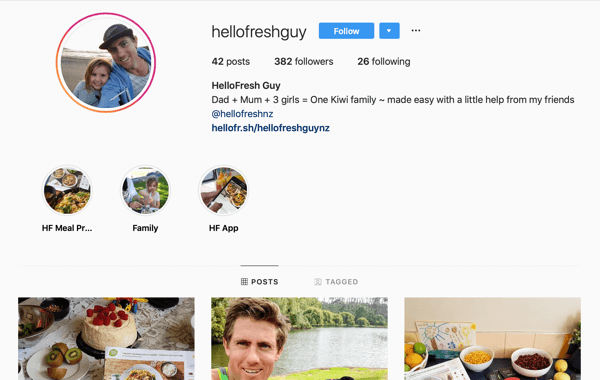 Kā pieņemt darbā apmaksātus sociālos ietekmētājus, Instagram plūsmas piemērs no @hellofreshguy