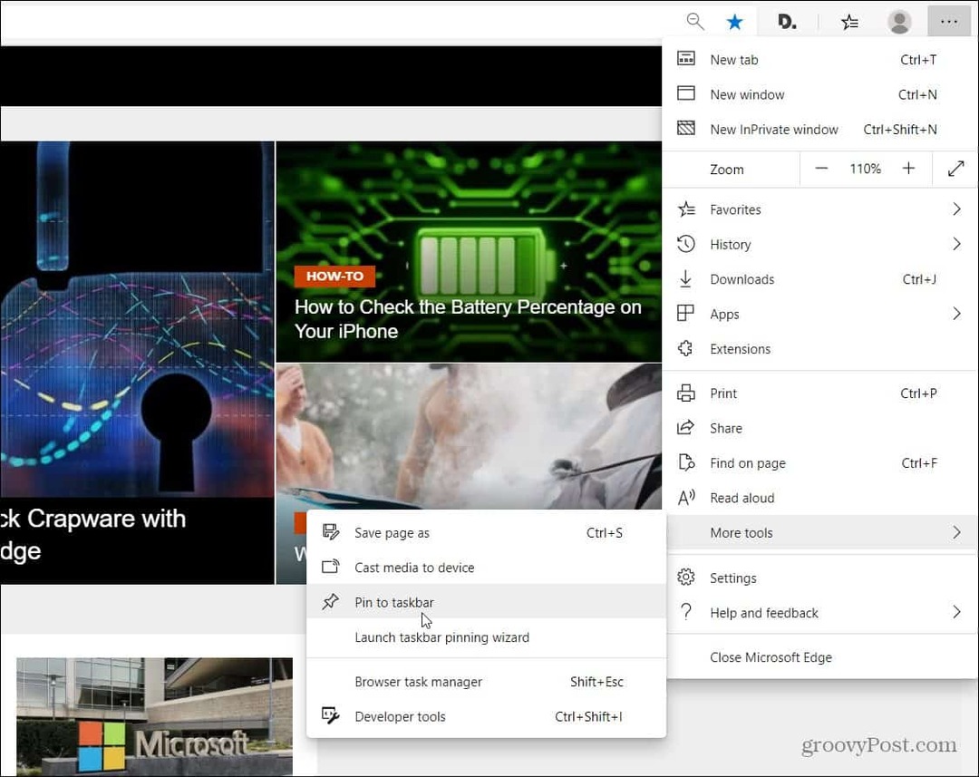 Piesaistiet vietnes Windows uzdevumjoslai no Microsoft Edge