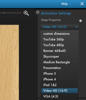 Noklikšķiniet uz izvēlnes Moovly Animation Settings, lai skatītu video platformas optimizācijas iespējas.