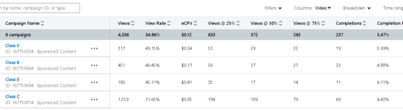linkedin kampaņas vadītājs ar kampaņas datu piemēriem, kas ietver skatus, skatījumu līmeni, eCPV un skatījumus @ 25%, 50%, 75%, pabeigumus utt.
