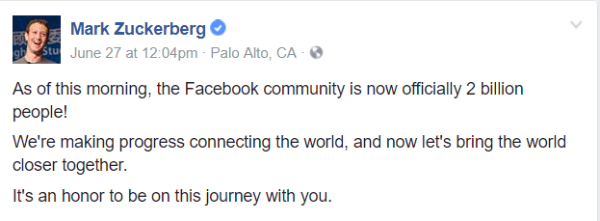 Facebook ir pārsniedzis nozīmīgo atskaites punktu - 2 miljardi aktīvo lietotāju mēnesī.