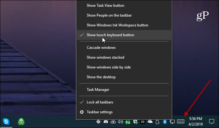 Windows 10 parāda skārientaustiņu taustiņu