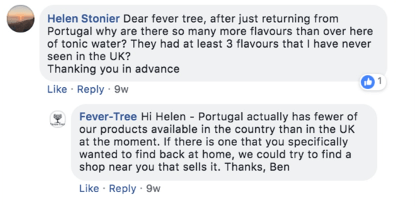 Piemērs Fever-Tree, kas atbild uz klienta jautājumu Facebook ierakstā.