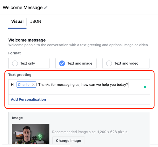 Kā atlasīt siltos potenciālos pirkumus ar Facebook Messenger reklāmām, 12. darbība - Messenger galamērķa pielāgotās veidnes personalizācijas piemērs