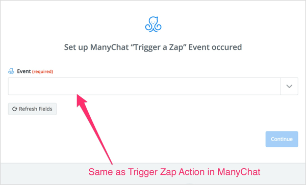 Atlasiet darbību Trigger Zap, kuru izveidojāt plūsmā ManyChat.