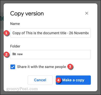 Google dokumentu faila versijas kopēšana