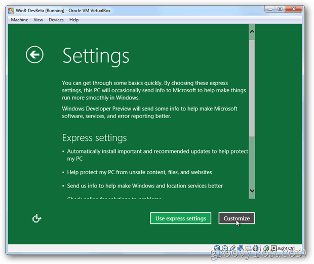 VirtualBox Windows 8 izsaka vai pielāgo iestatīšanu