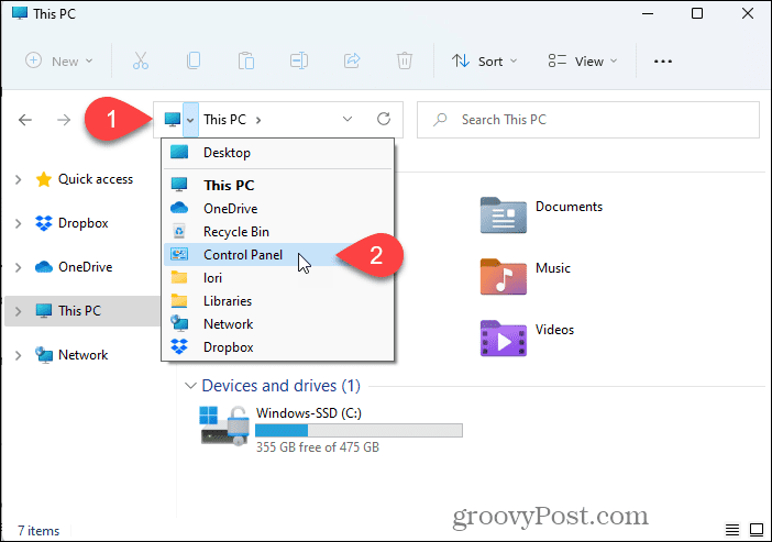 Atveriet vadības paneli, izmantojot File Explorer