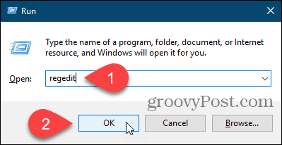 Atveriet reģistra redaktoru, izmantojot Windows dialoglodziņu Palaist