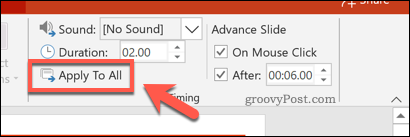 Slaidu laika piemērošana visiem PowerPoint slaidiem