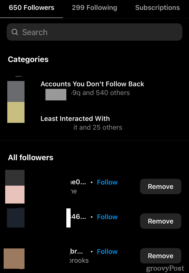 Instagram sekotāju pārvaldība — sekotāju saraksts