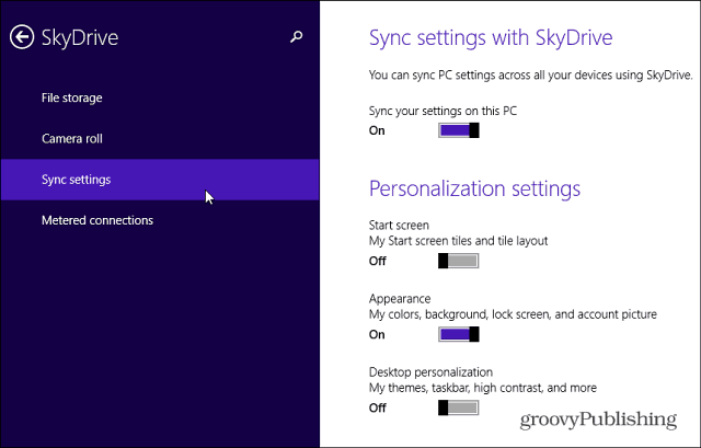 SkyDrive sinhronizācijas iestatījumi