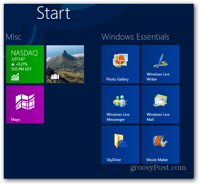 Windows Essentials sākuma ekrāns