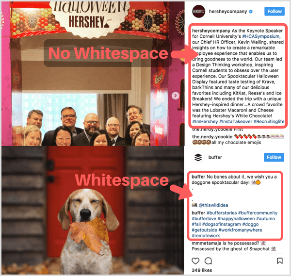 Instagram paraksts baltās vietas izmantošana