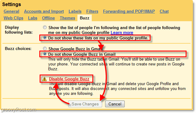 gmail iestatījumos noklikšķiniet uz cilnes google buzz