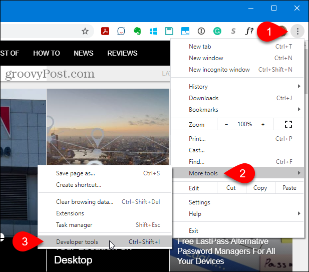 Pārlūkā Chrome dodieties uz Citi rīki> Izstrādātāja rīki