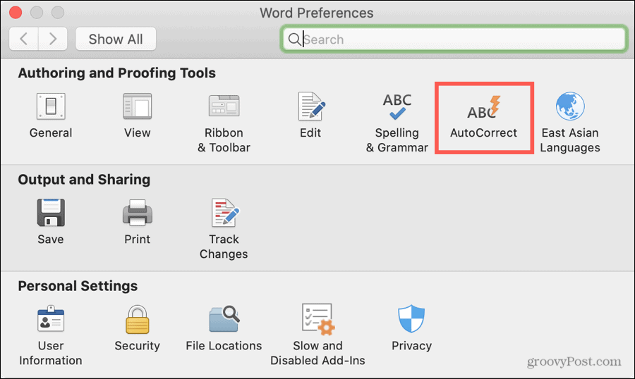 Vārdu preferenču automātiskā labošana Mac datorā